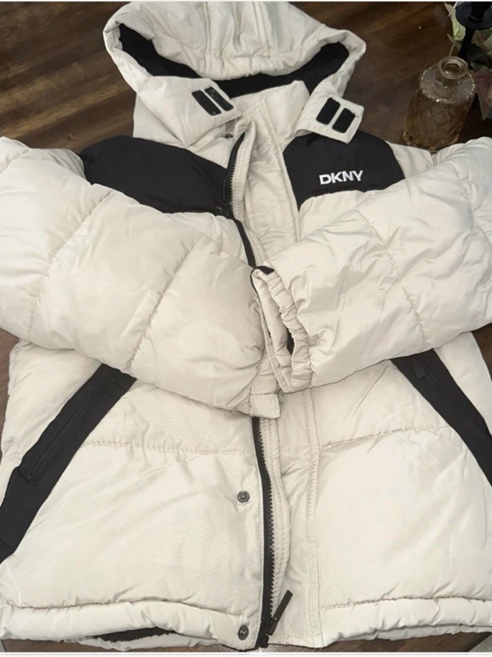 DKNY Cream and Black Hooded Kids Puffer Jacket